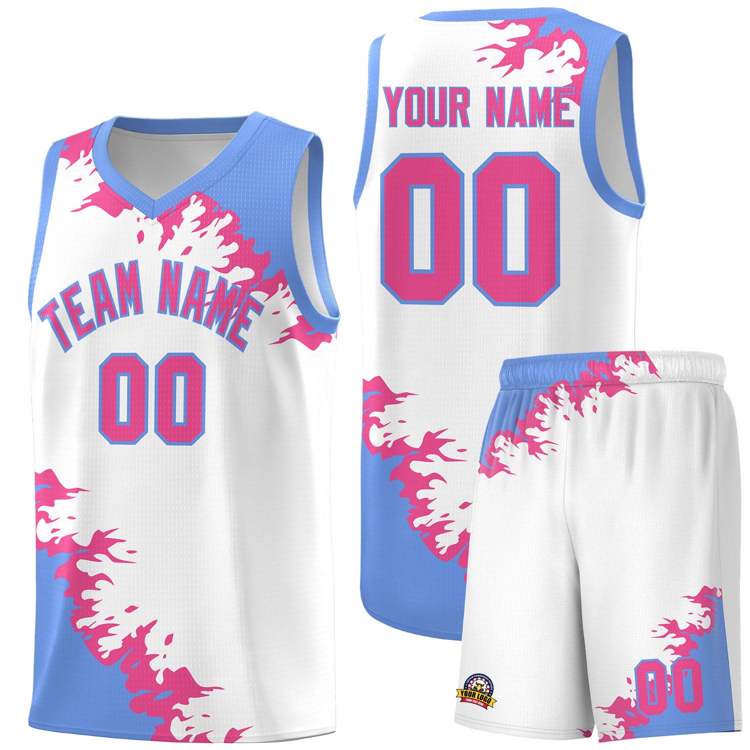 Custom White Light Blue-Pink Sparkle Print Pattern Basketball Kits