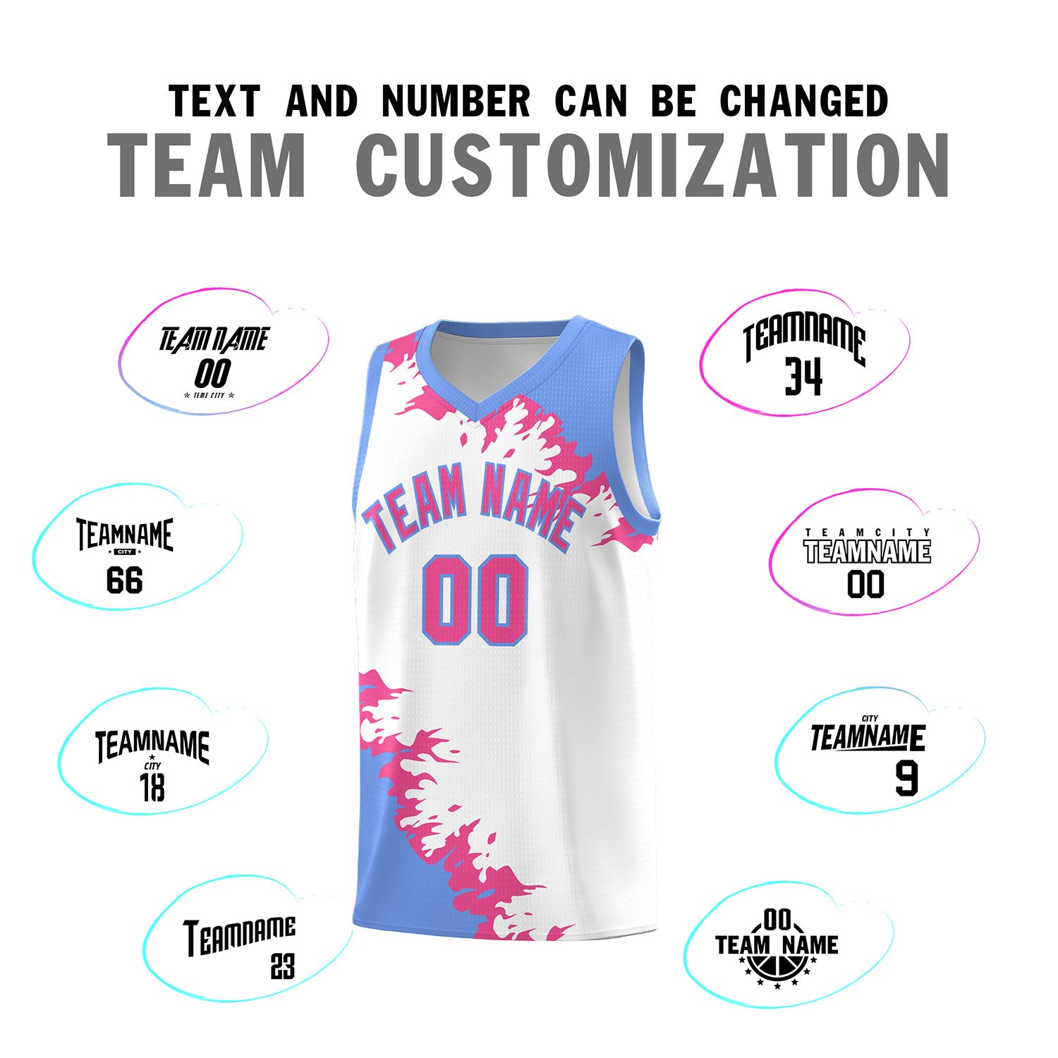 Custom White Light Blue-Pink Sparkle Print Pattern Basketball Kits