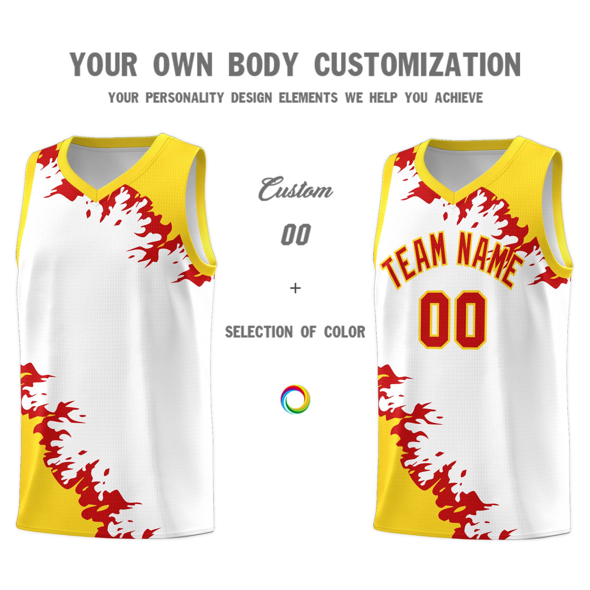 Custom White Gold-Red Sparkle Print Pattern Basketball Kits
