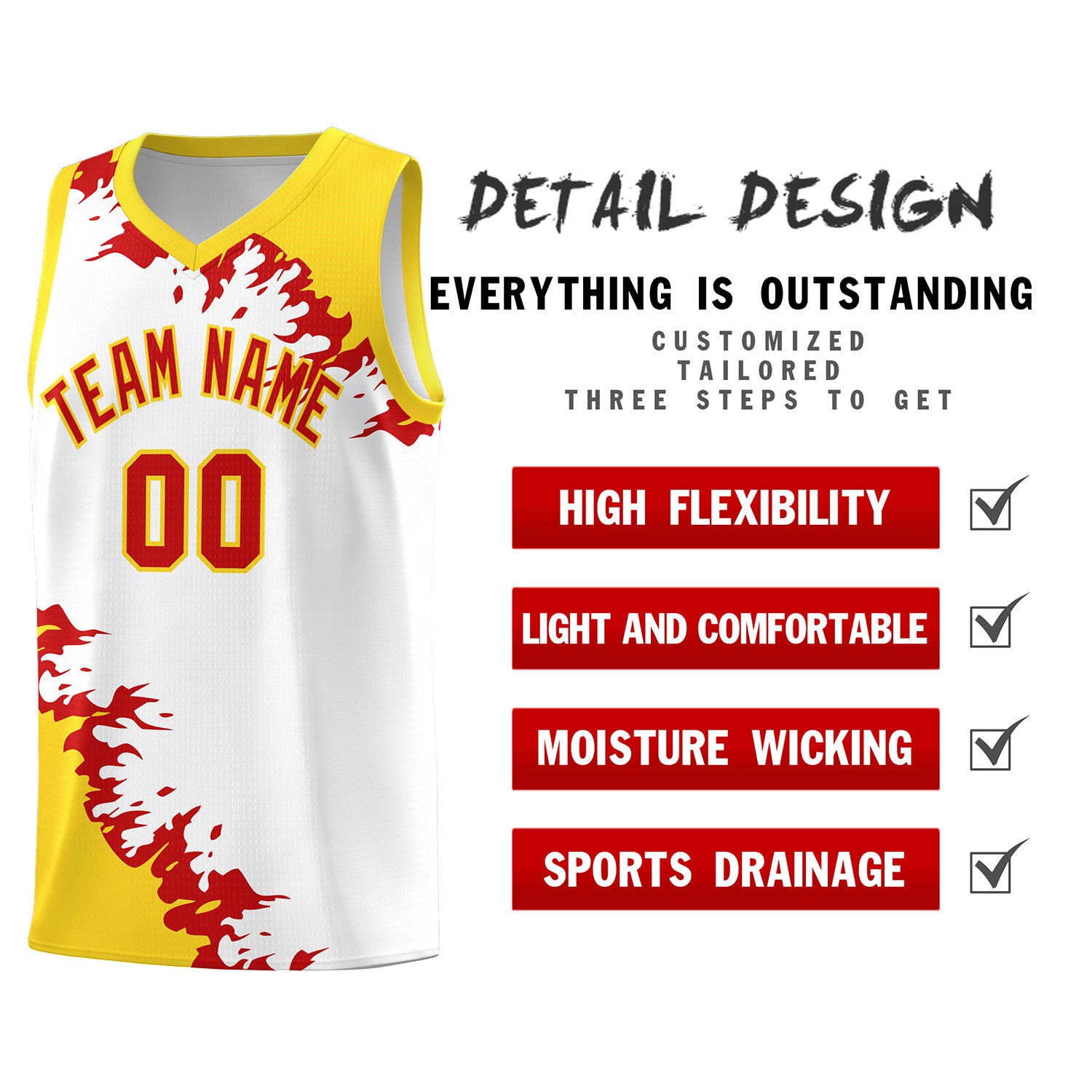 Custom White Gold-Red Sparkle Print Pattern Basketball Kits
