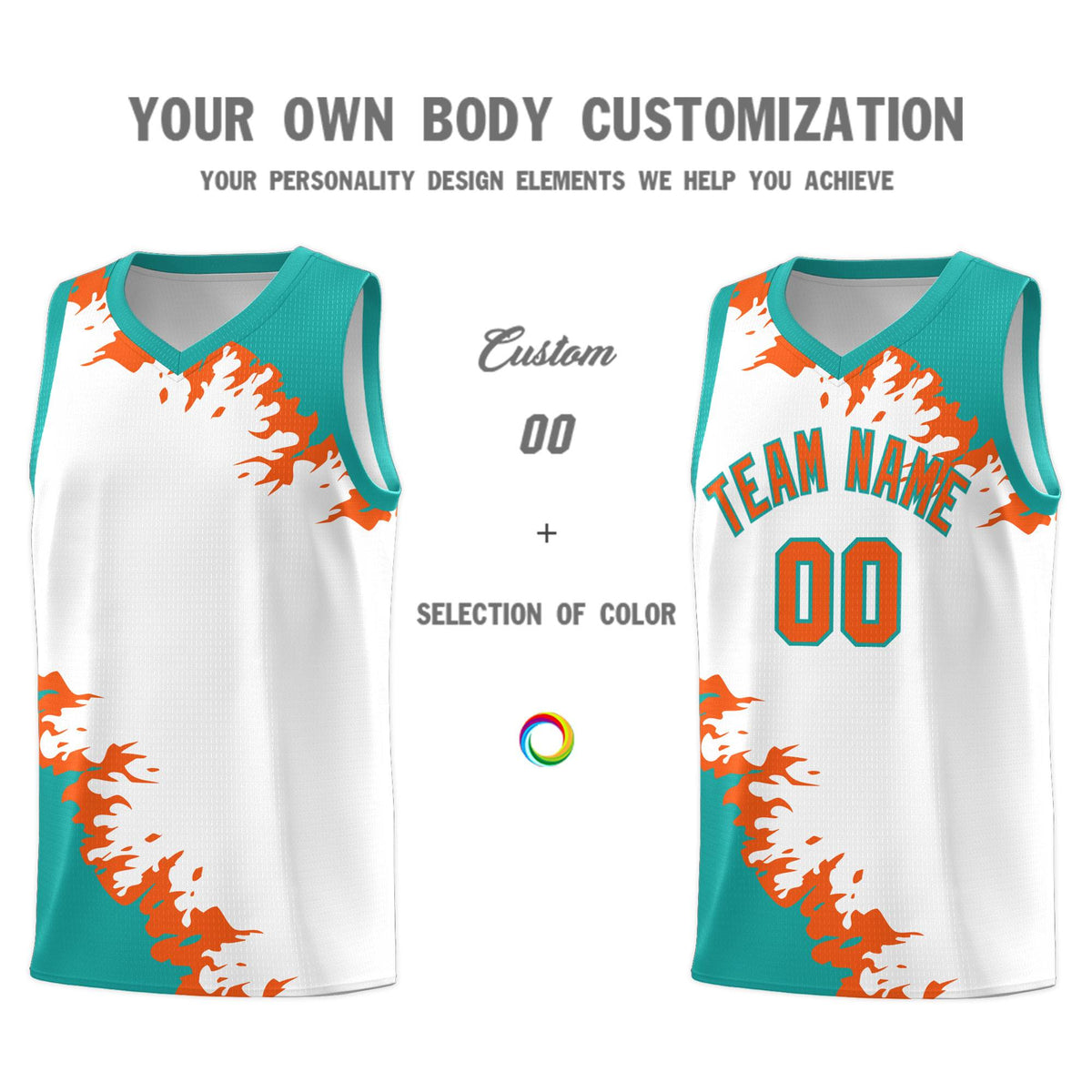 Custom White Aqua-Orange Sparkle Print Pattern Basketball Kits