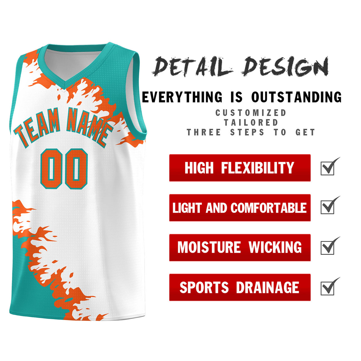 Custom White Aqua-Orange Sparkle Print Pattern Basketball Kits