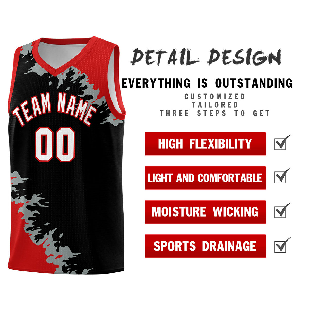 Custom Black Red-Silver Gray Sparkle Print Pattern Basketball Kits