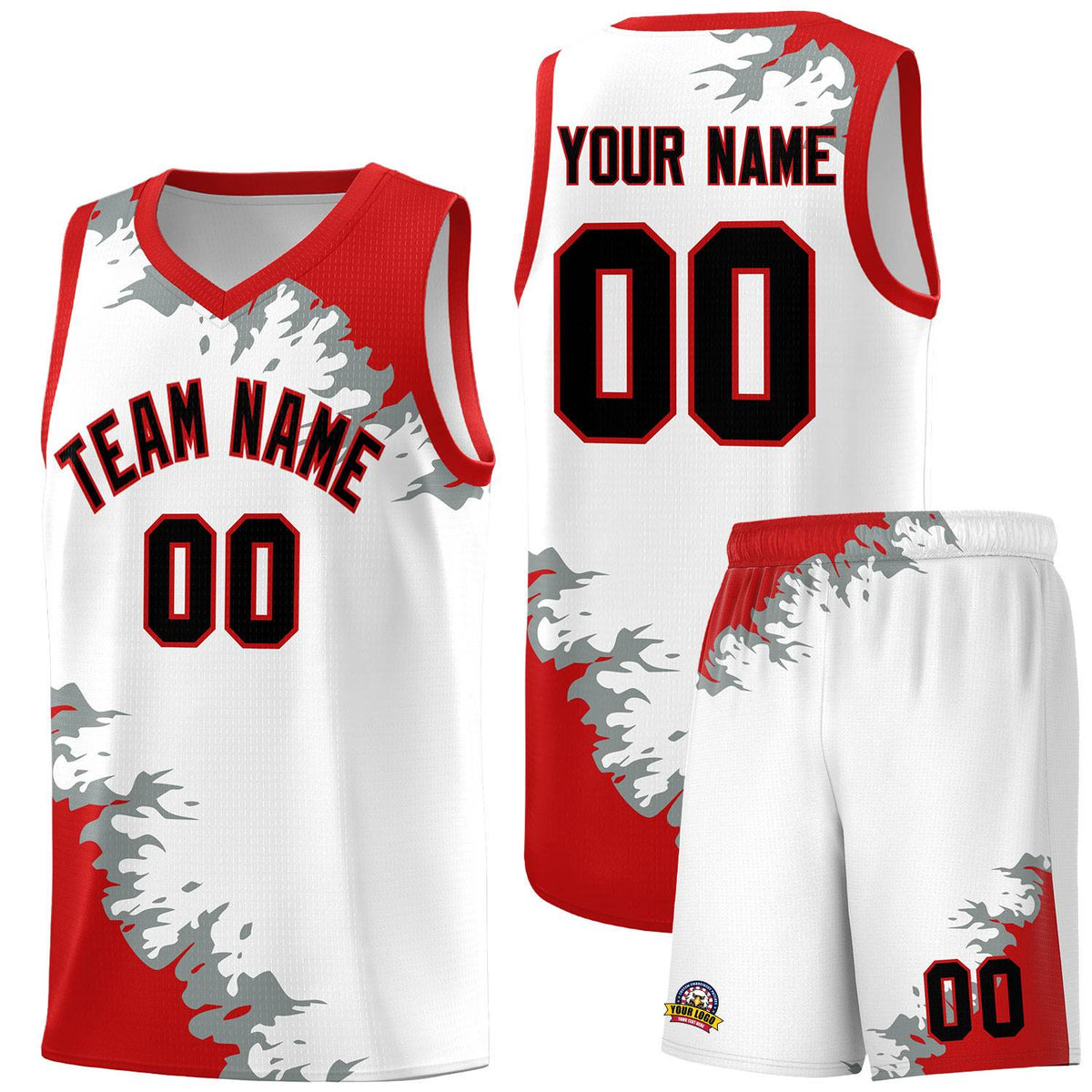 Custom White Red-Silver Gray Sparkle Print Pattern Basketball Kits