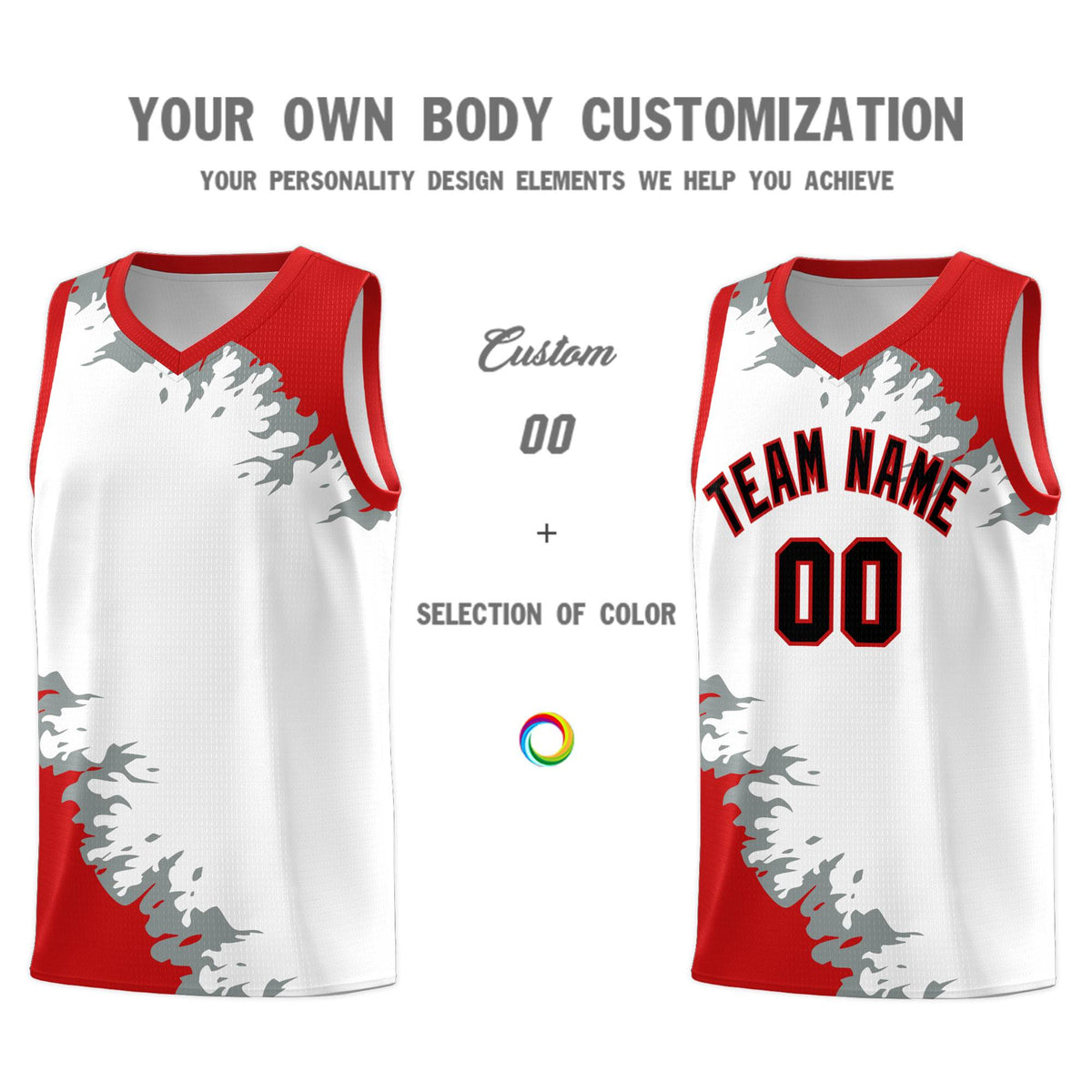Custom White Red-Silver Gray Sparkle Print Pattern Basketball Kits