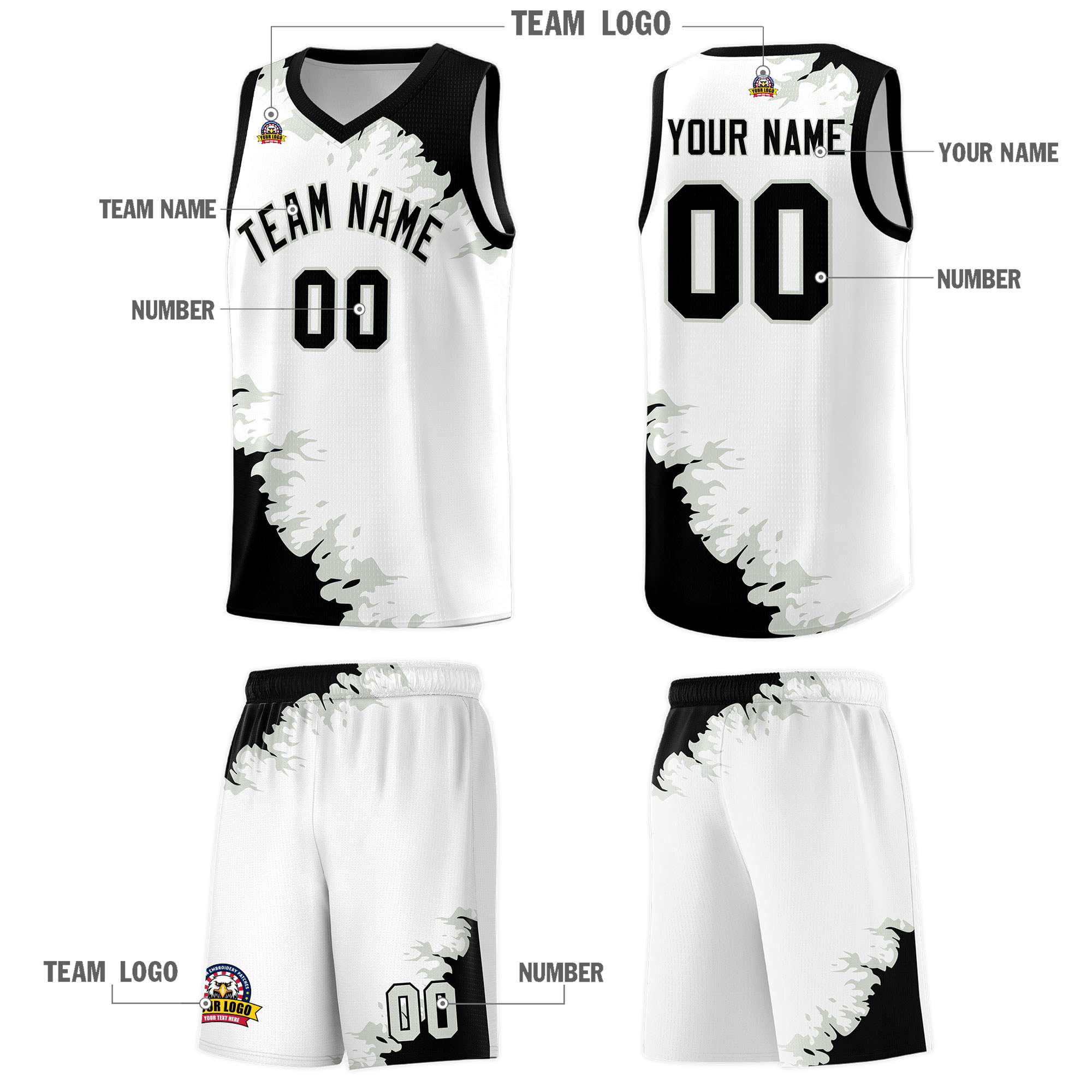 Custom White Black-Gray Sparkle Print Pattern Basketball Kits