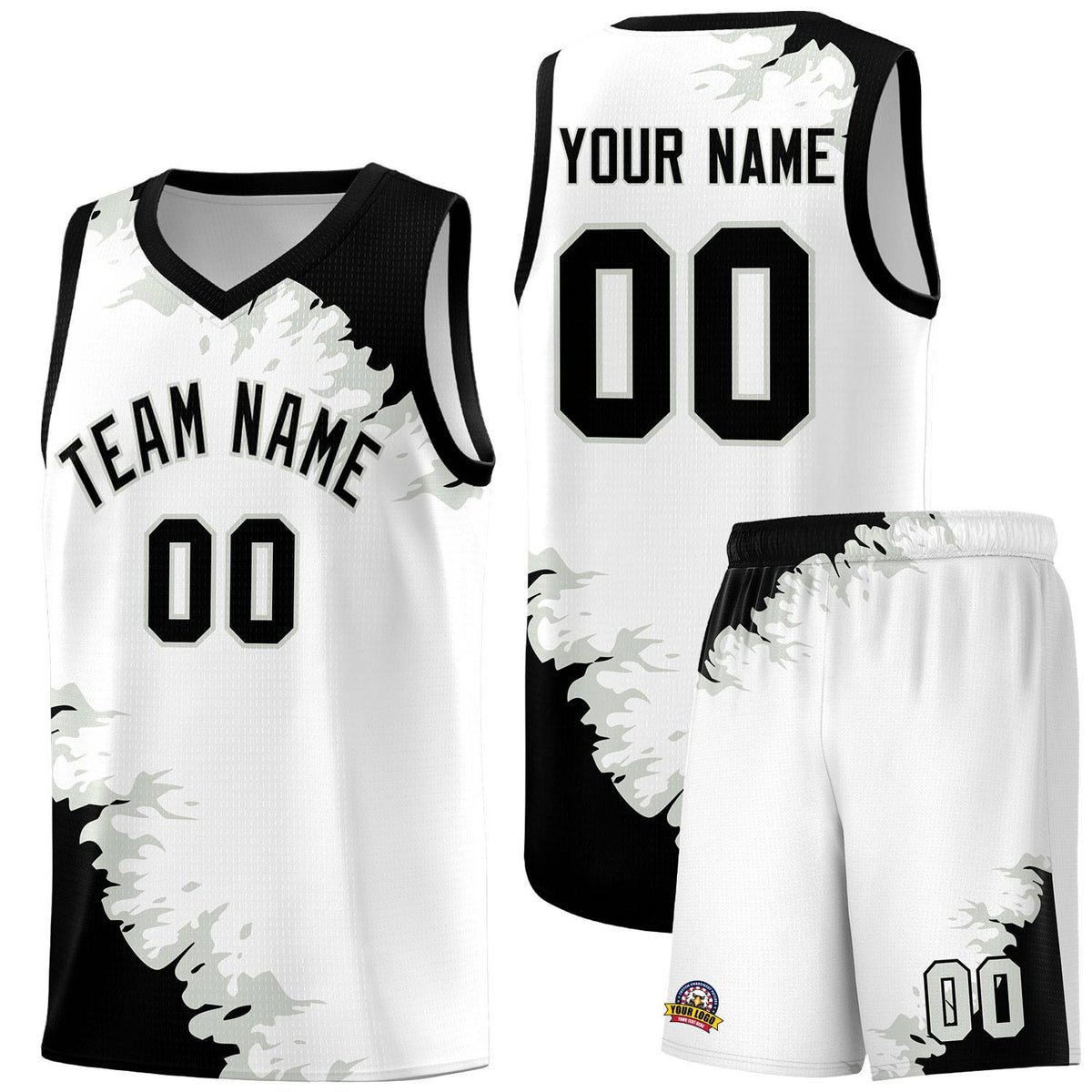 Custom White Black-Gray Sparkle Print Pattern Basketball Kits