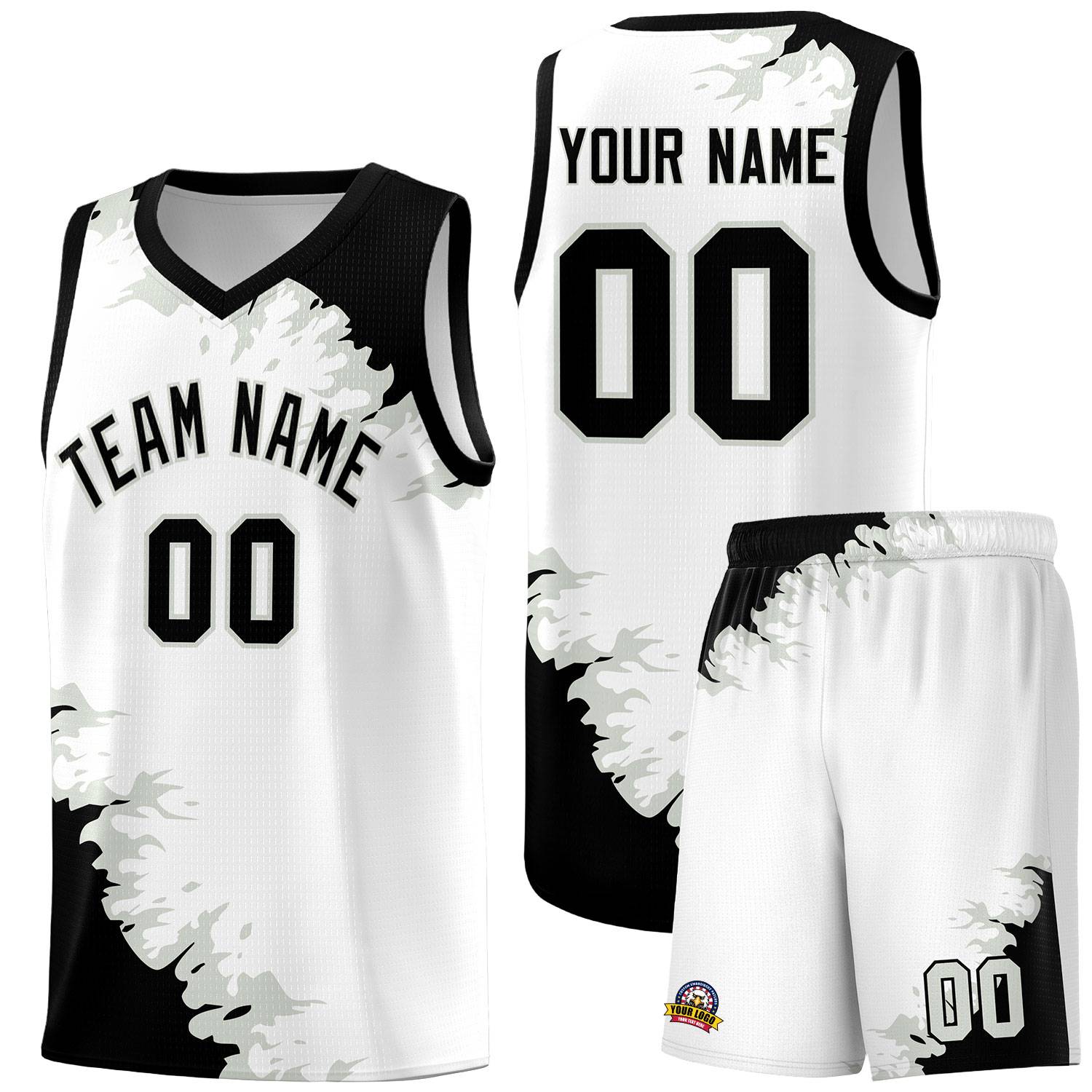 Custom White Black-Gray Sparkle Print Pattern Basketball Kits