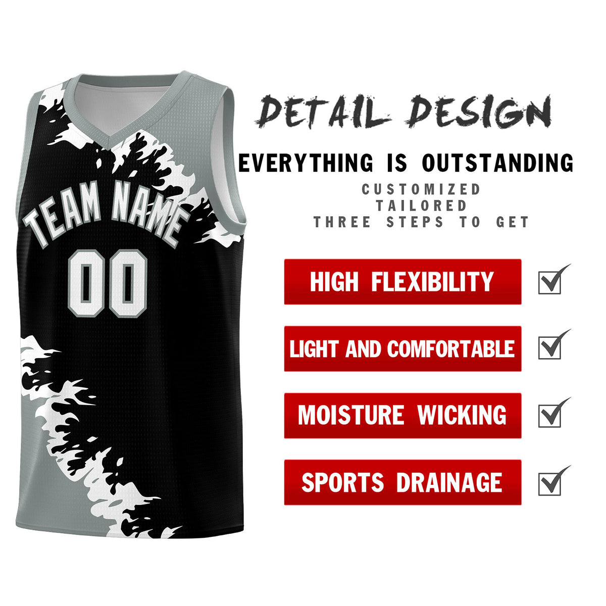 Custom Black Gray-White Sparkle Print Pattern Basketball Kits