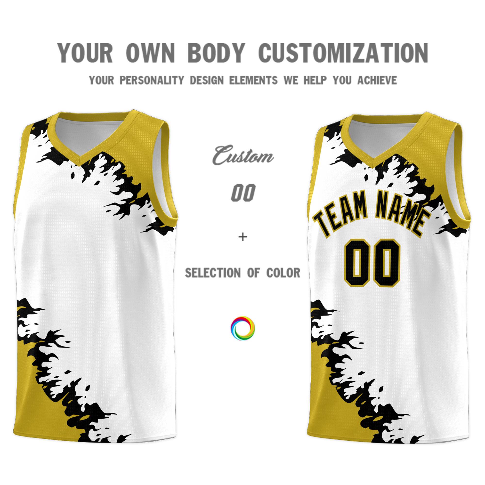 Custom White Old Gold-Black Sparkle Print Pattern Basketball Kits