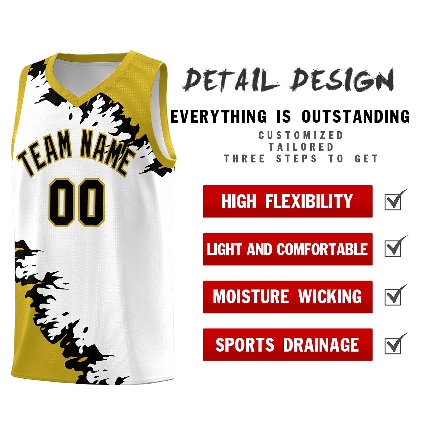 Custom White Old Gold-Black Sparkle Print Pattern Basketball Kits