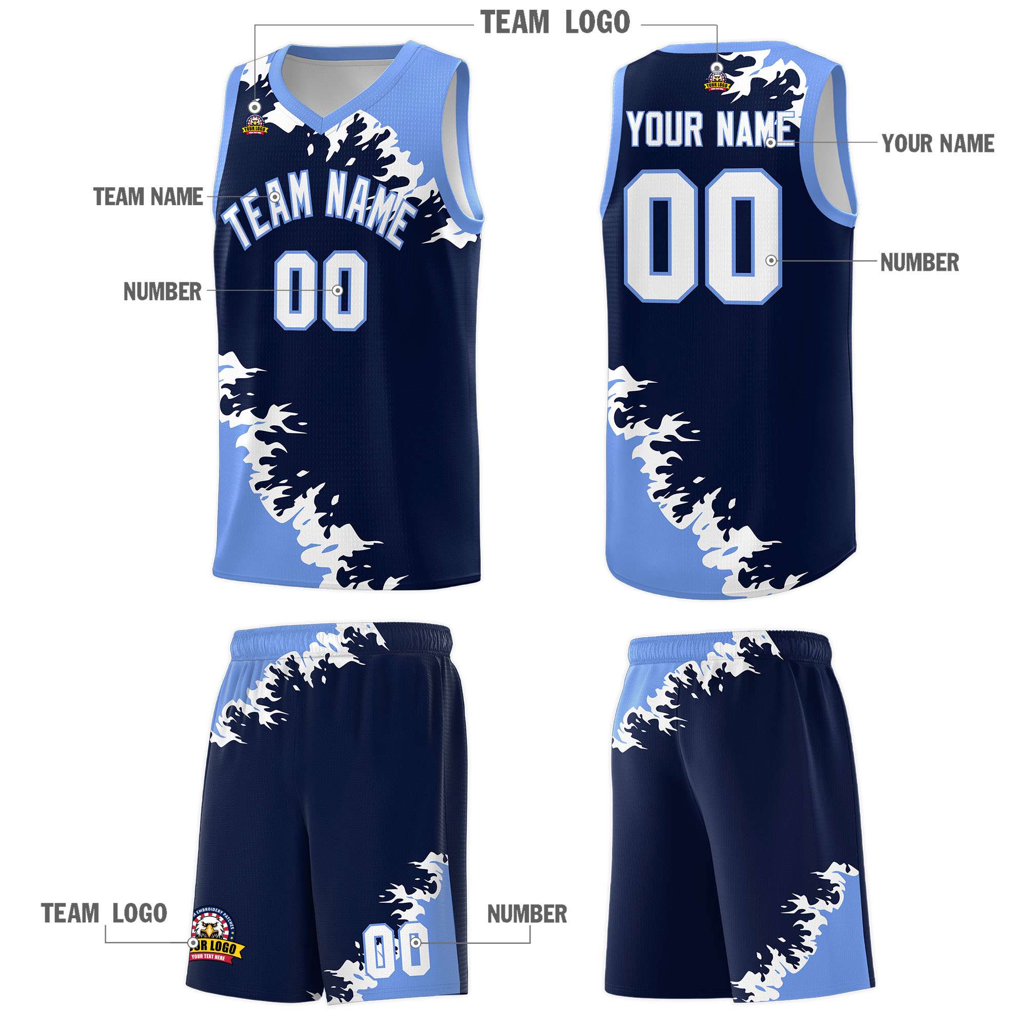 Custom Navy Light Blue-White Sparkle Print Pattern Basketball Kits