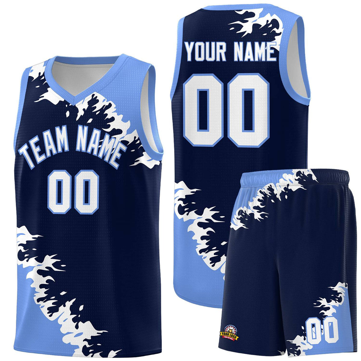 Custom Navy Light Blue-White Sparkle Print Pattern Basketball Kits