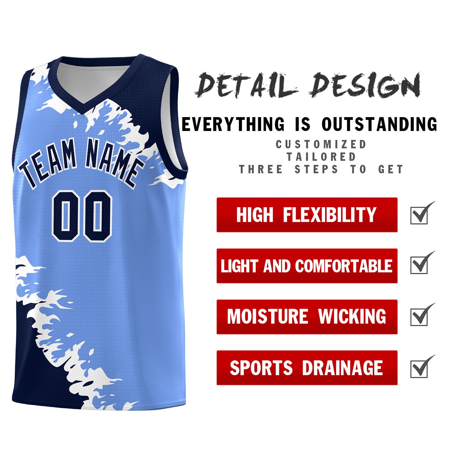 Custom Light Blue Navy-White Sparkle Print Pattern Basketball Kits