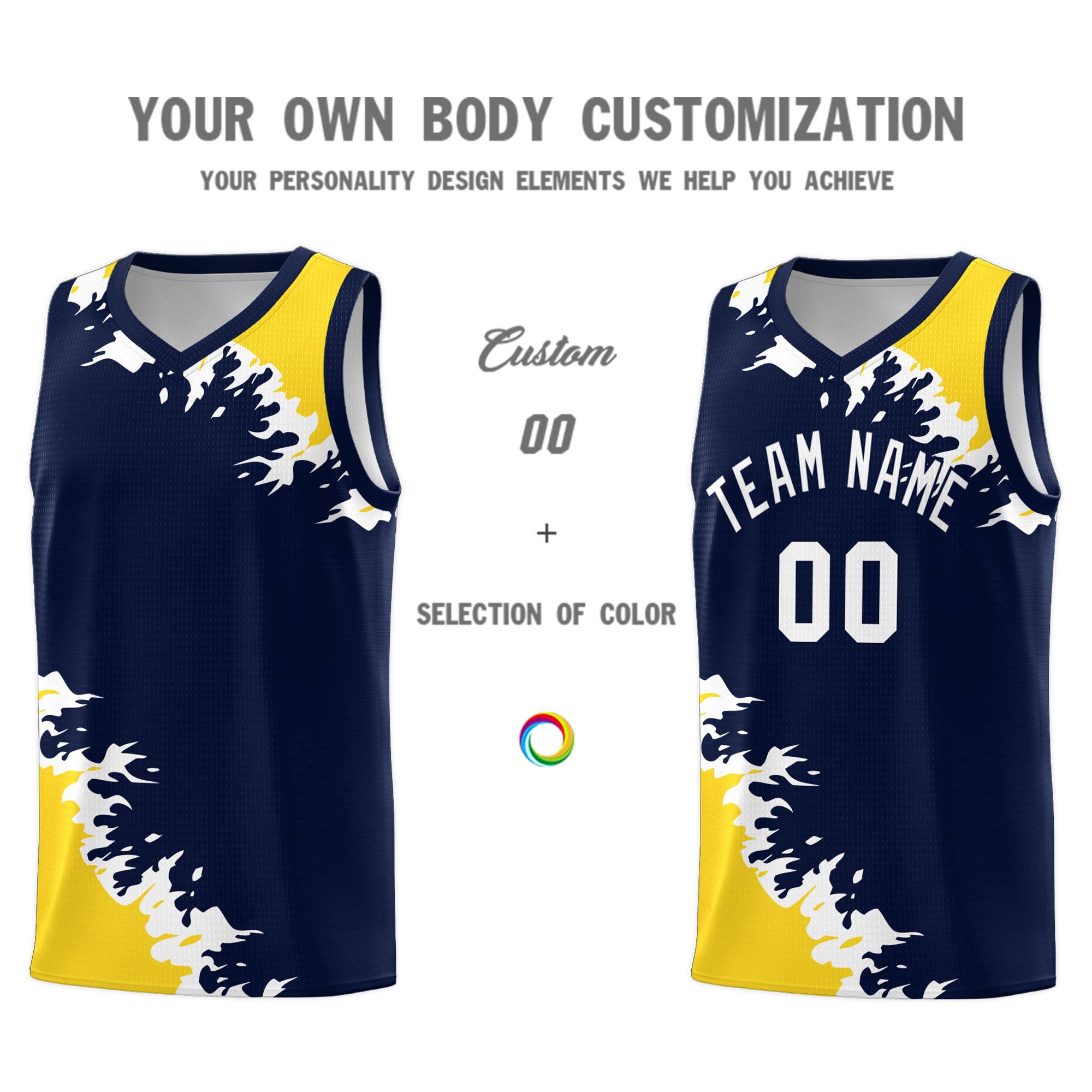 Custom Navy Gold-White Sparkle Print Pattern Basketball Kits
