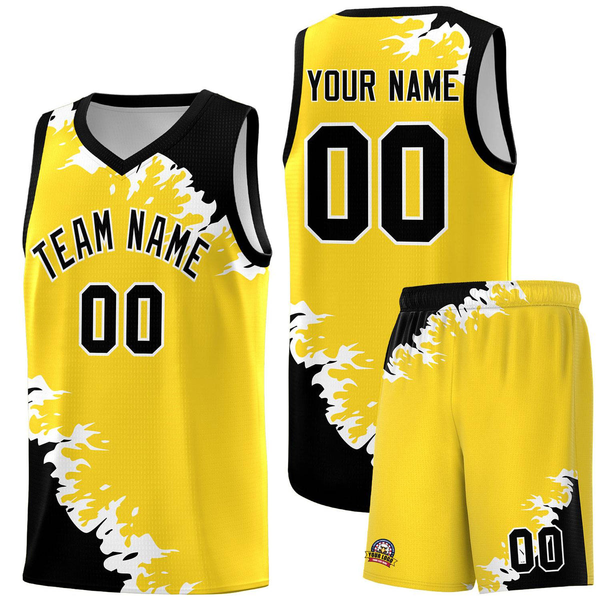 Custom Gold Black-White Sparkle Print Pattern Basketball Kits
