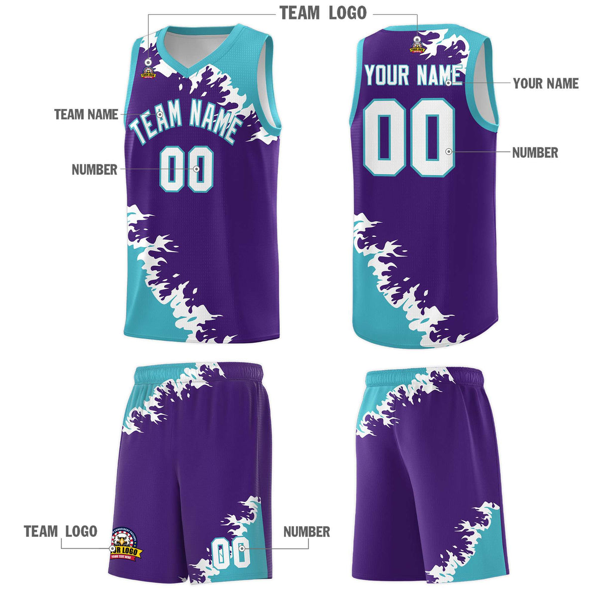 Custom Purple Sky Blue-White Sparkle Print Pattern Basketball Kits