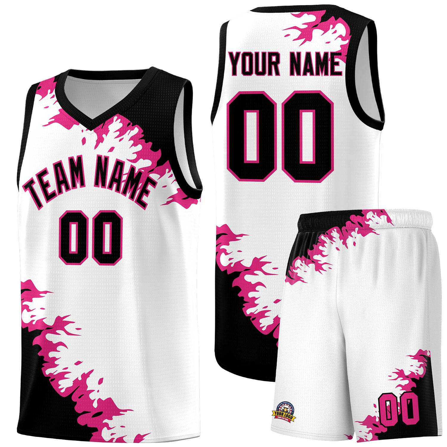 Custom White Black-Rose Red Sparkle Print Pattern Basketball Kits