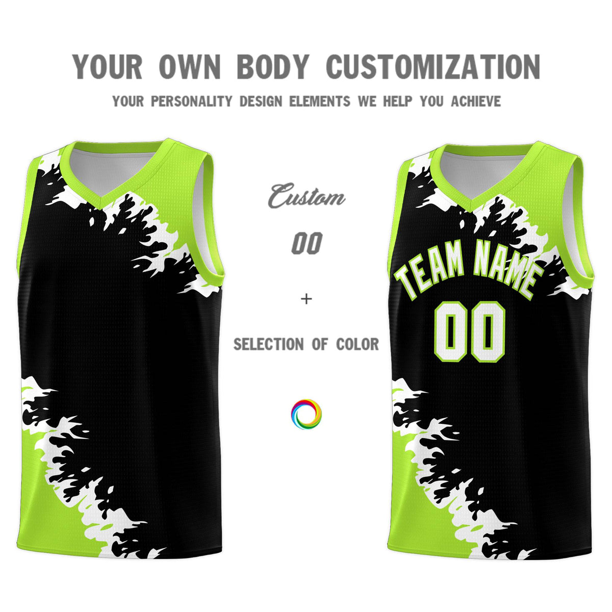 Custom Black Neon Green-White Sparkle Print Pattern Basketball Kits