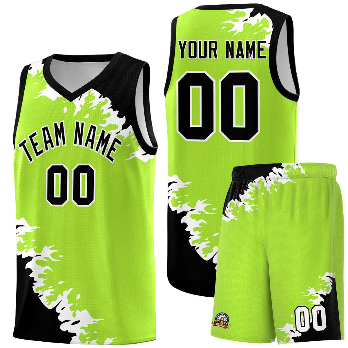 Custom Neon Green Black-White Sparkle Print Pattern Basketball Kits