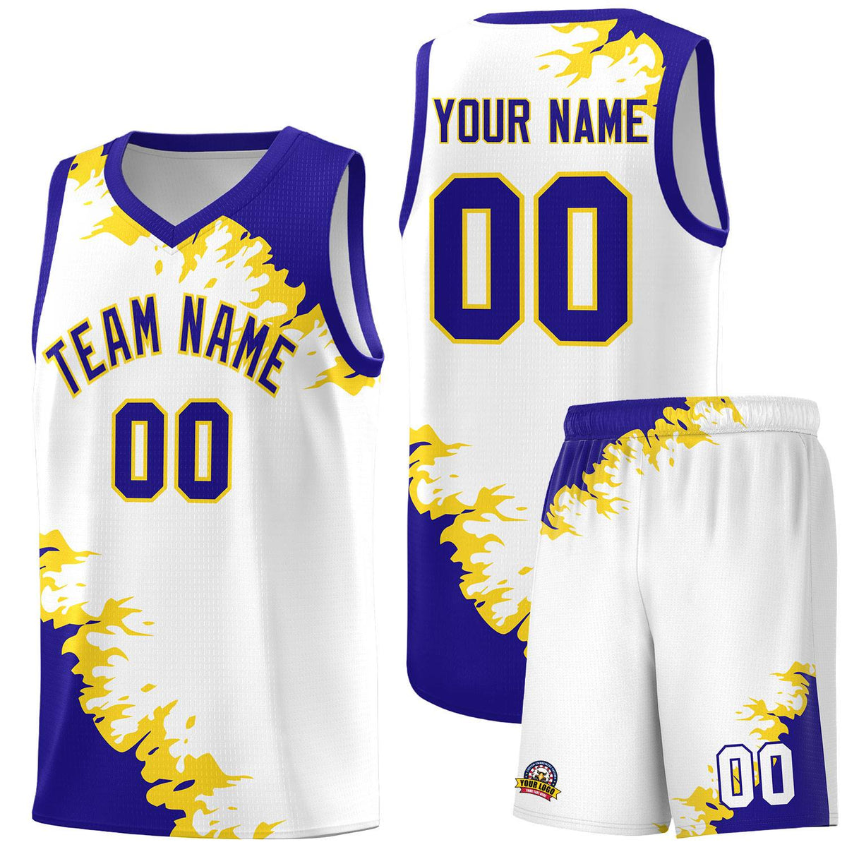 Custom White Royal-Gold Sparkle Print Pattern Basketball Kits