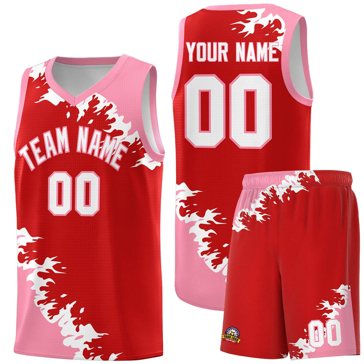 Custom Red Light Pink-White Sparkle Print Pattern Basketball Kits