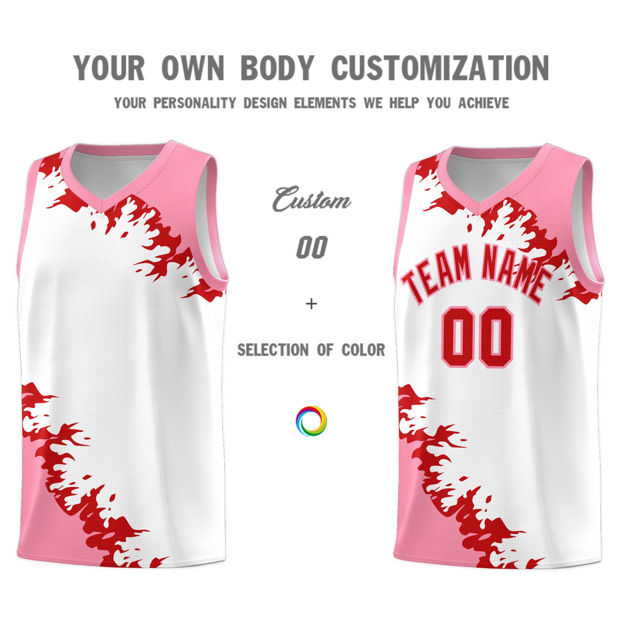 Custom White Light Pink-Red Sparkle Print Pattern Basketball Kits