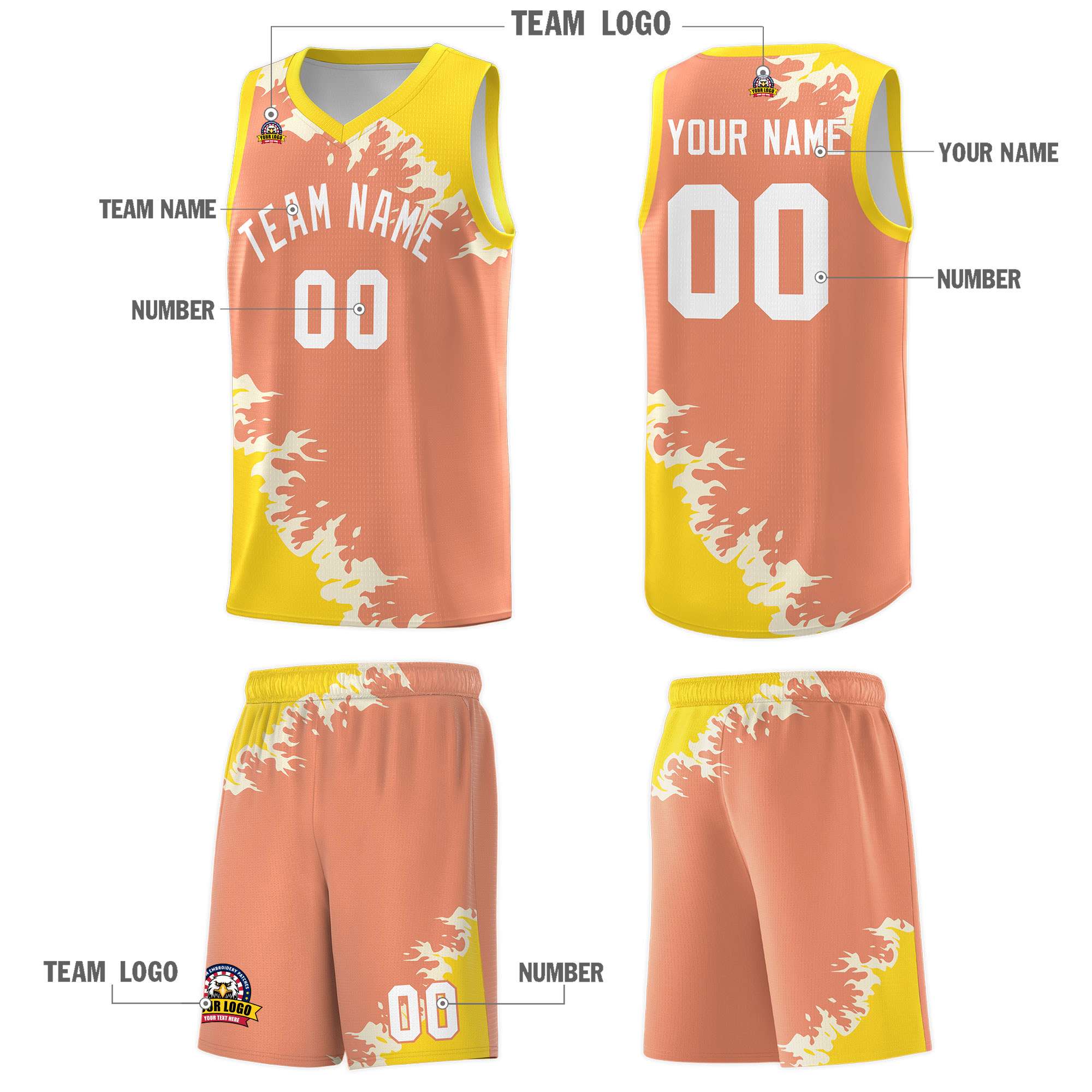 Custom Light Orange Gold-Cream Sparkle Print Pattern Basketball Kits