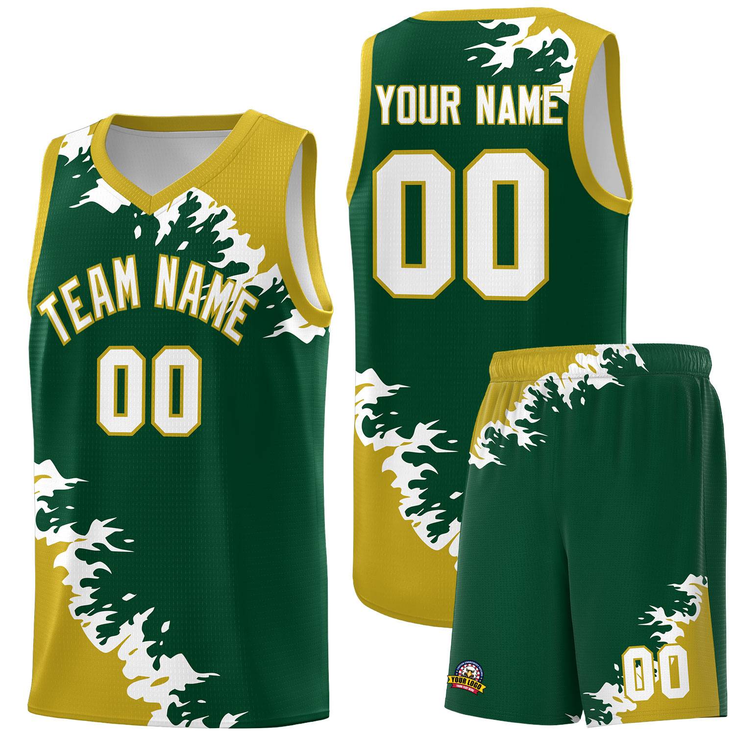 Custom Green Old Gold-White Sparkle Print Pattern Basketball Kits