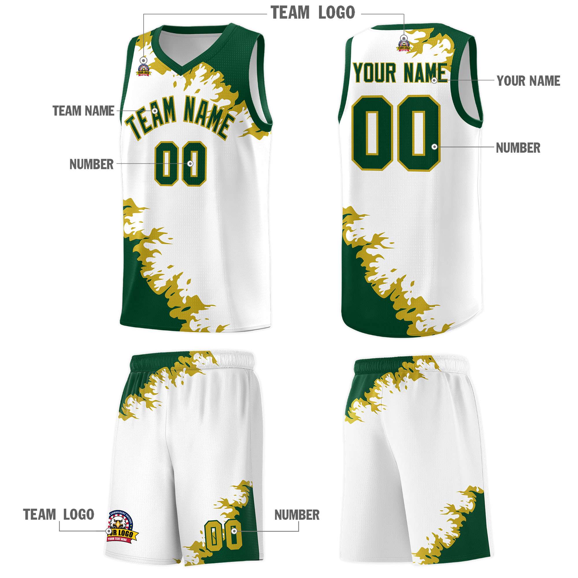 Custom White Green-Old Gold Sparkle Print Pattern Basketball Kits