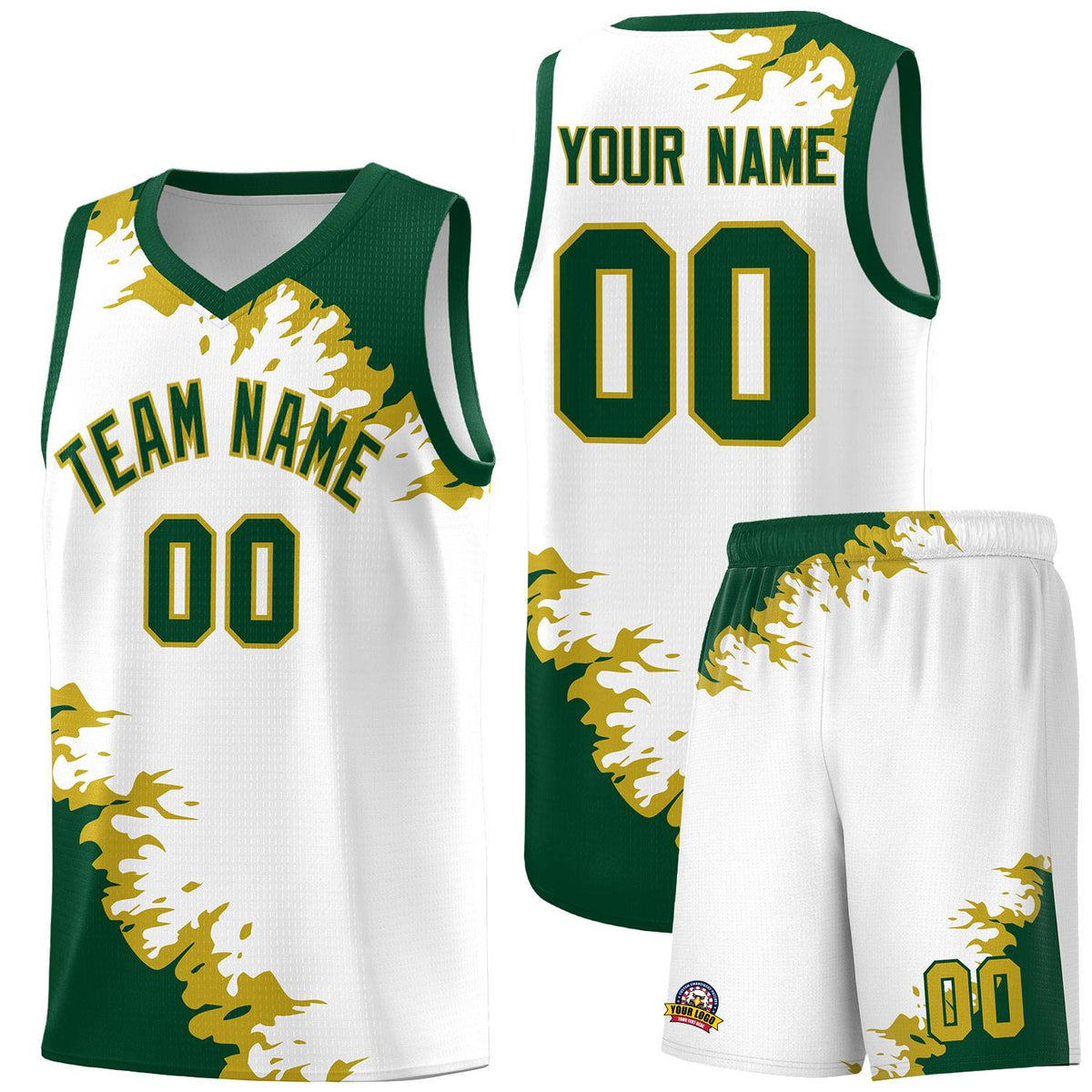 Custom White Green-Old Gold Sparkle Print Pattern Basketball Kits