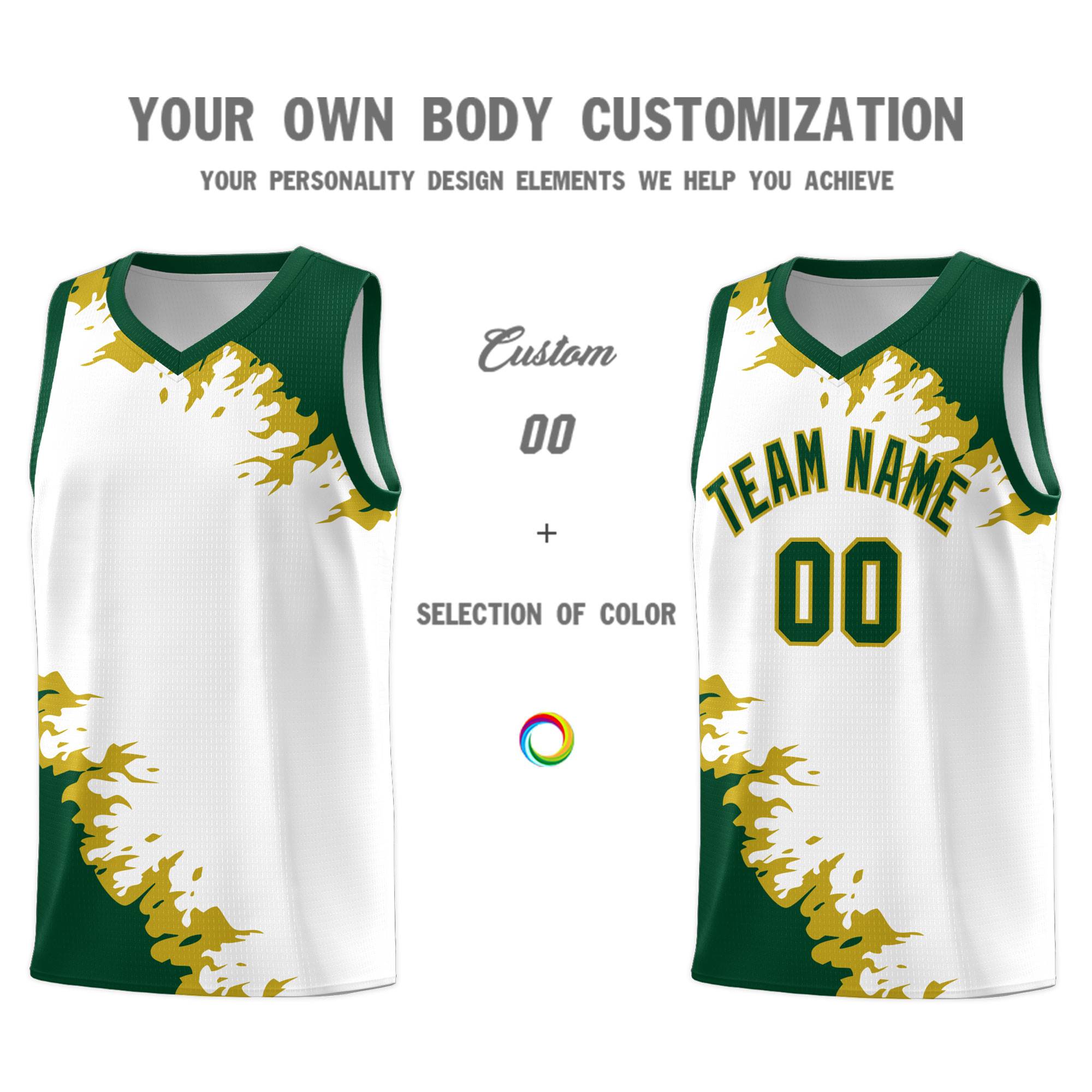 Custom White Green-Old Gold Sparkle Print Pattern Basketball Kits