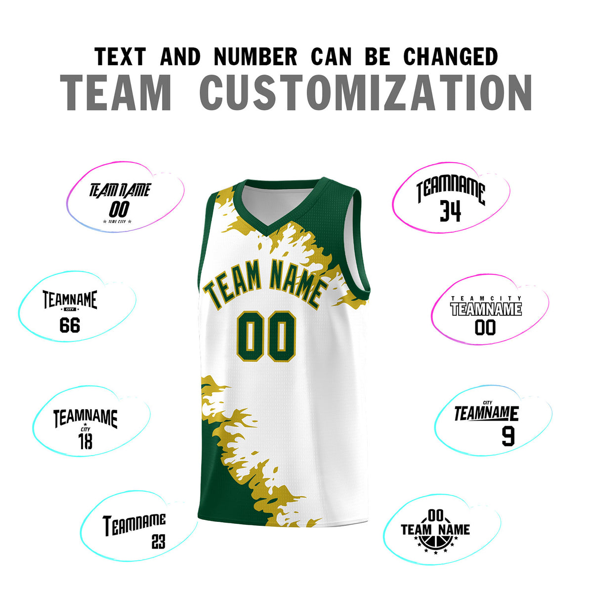 Custom White Green-Old Gold Sparkle Print Pattern Basketball Kits