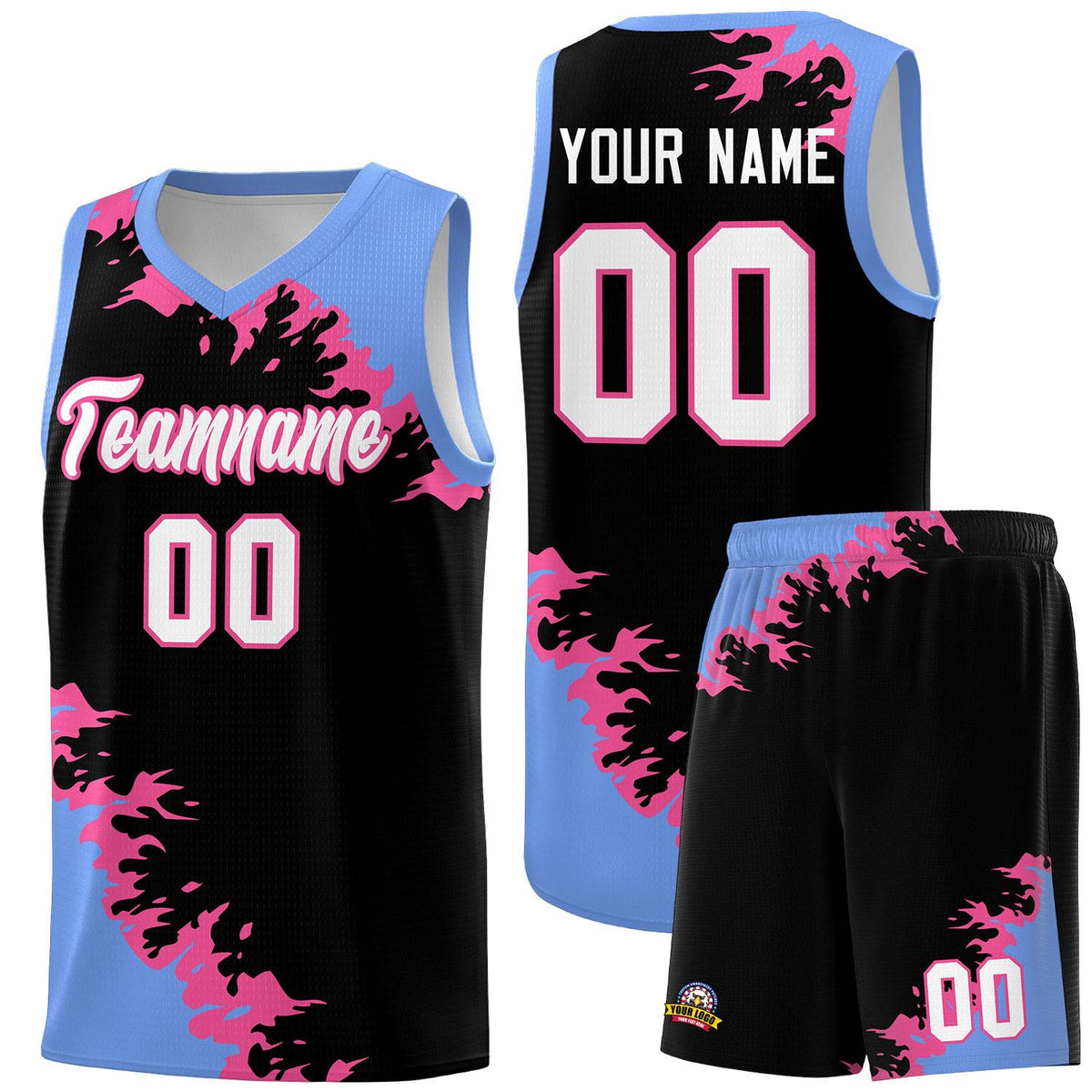 Custom Black Light Blue-Pink Sparkle Print Pattern Basketball Kits