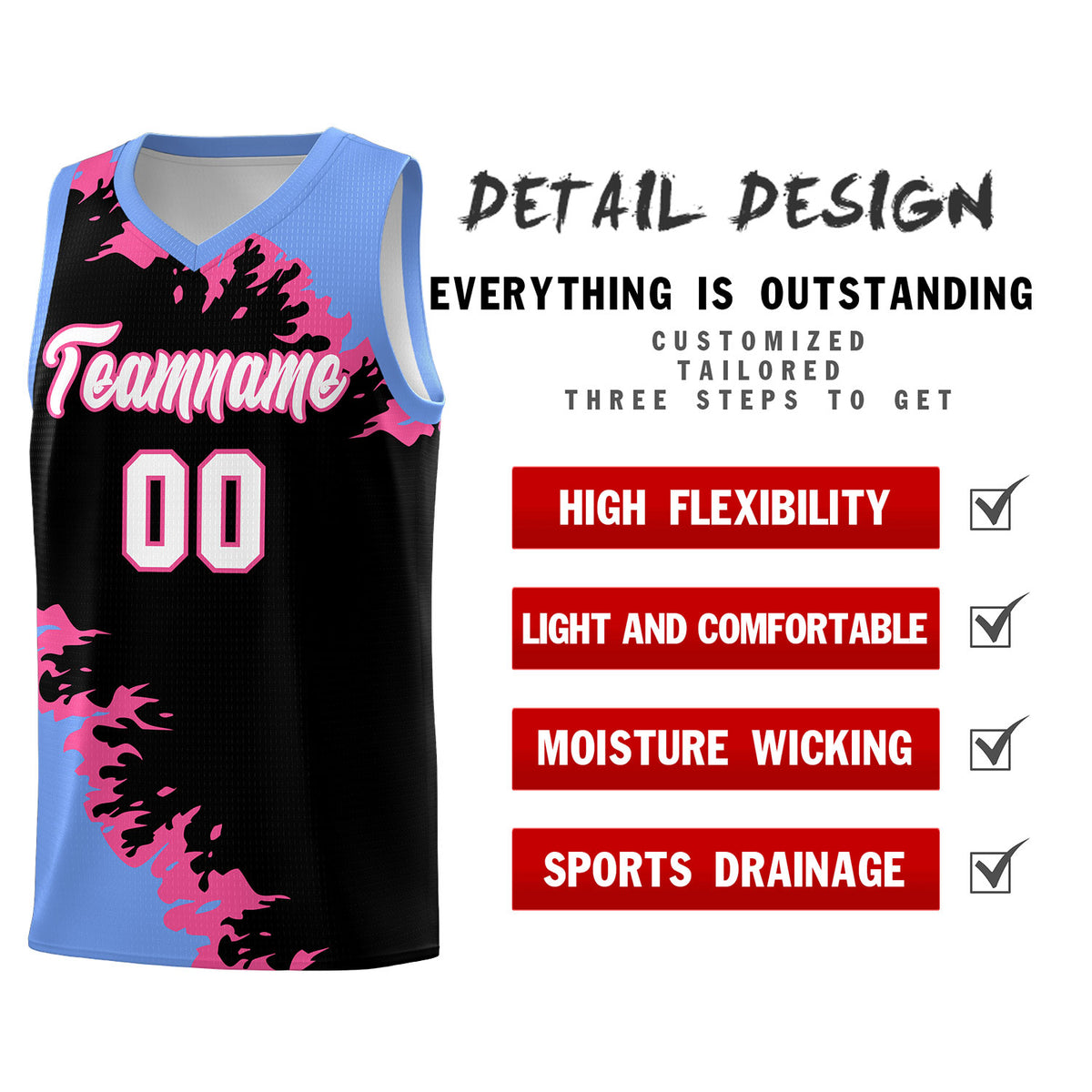 Custom Black Light Blue-Pink Sparkle Print Pattern Basketball Kits