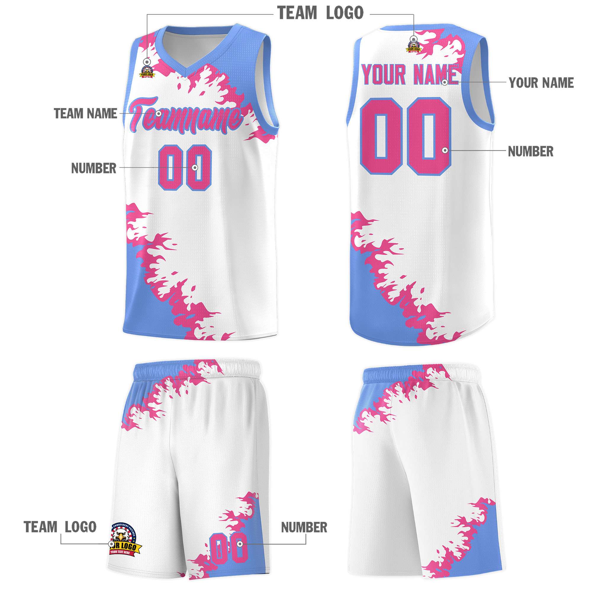 Custom White Light Blue-Pink Sparkle Print Pattern Basketball Kits