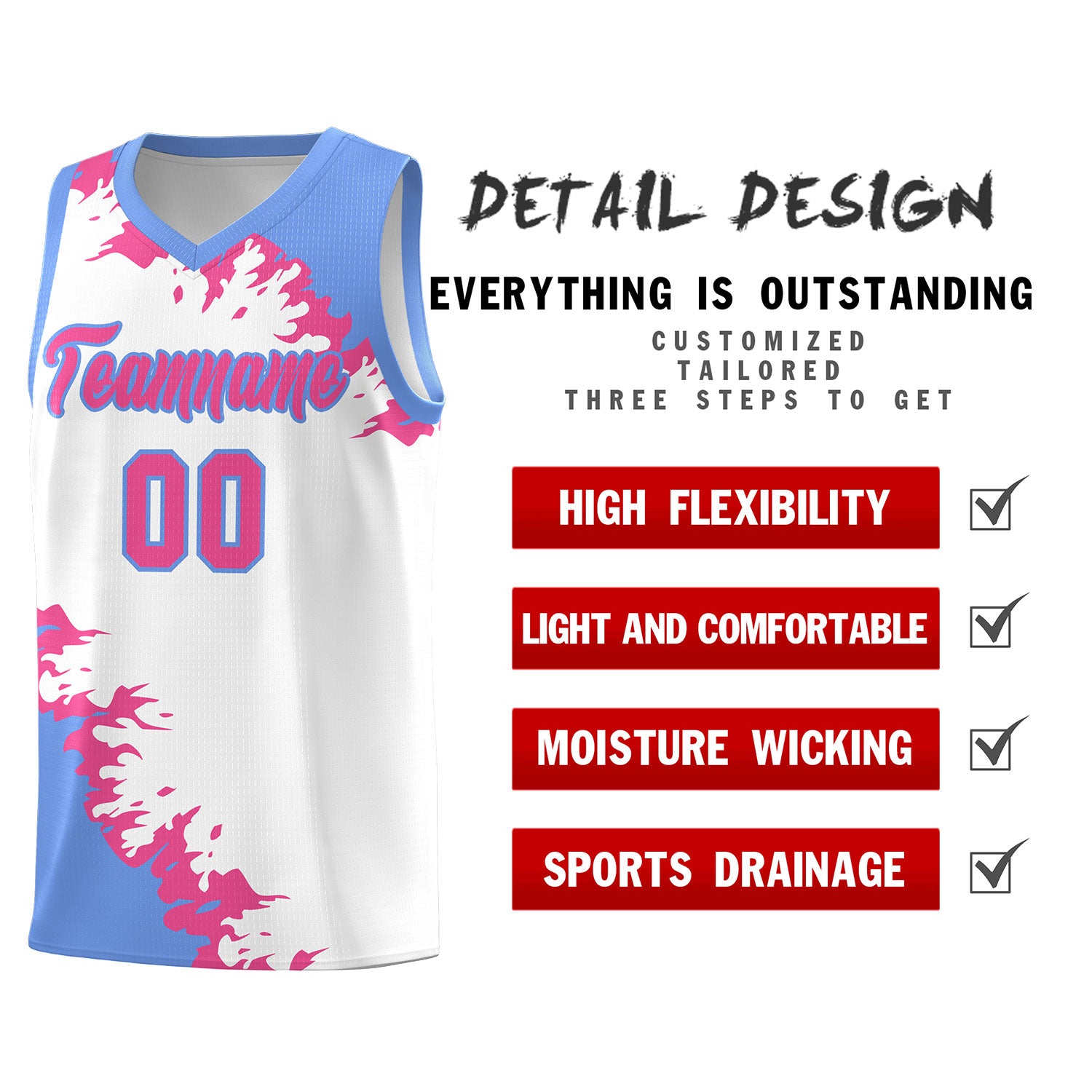 Custom White Light Blue-Pink Sparkle Print Pattern Basketball Kits