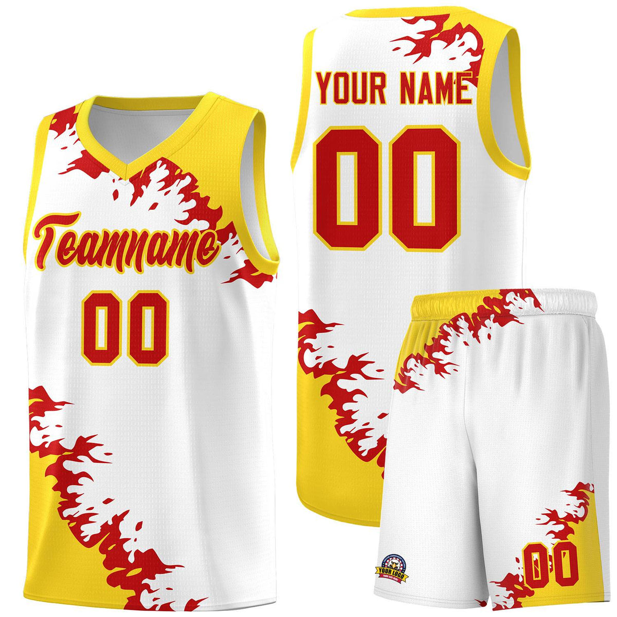 Custom White Gold-Red Sparkle Print Pattern Basketball Kits