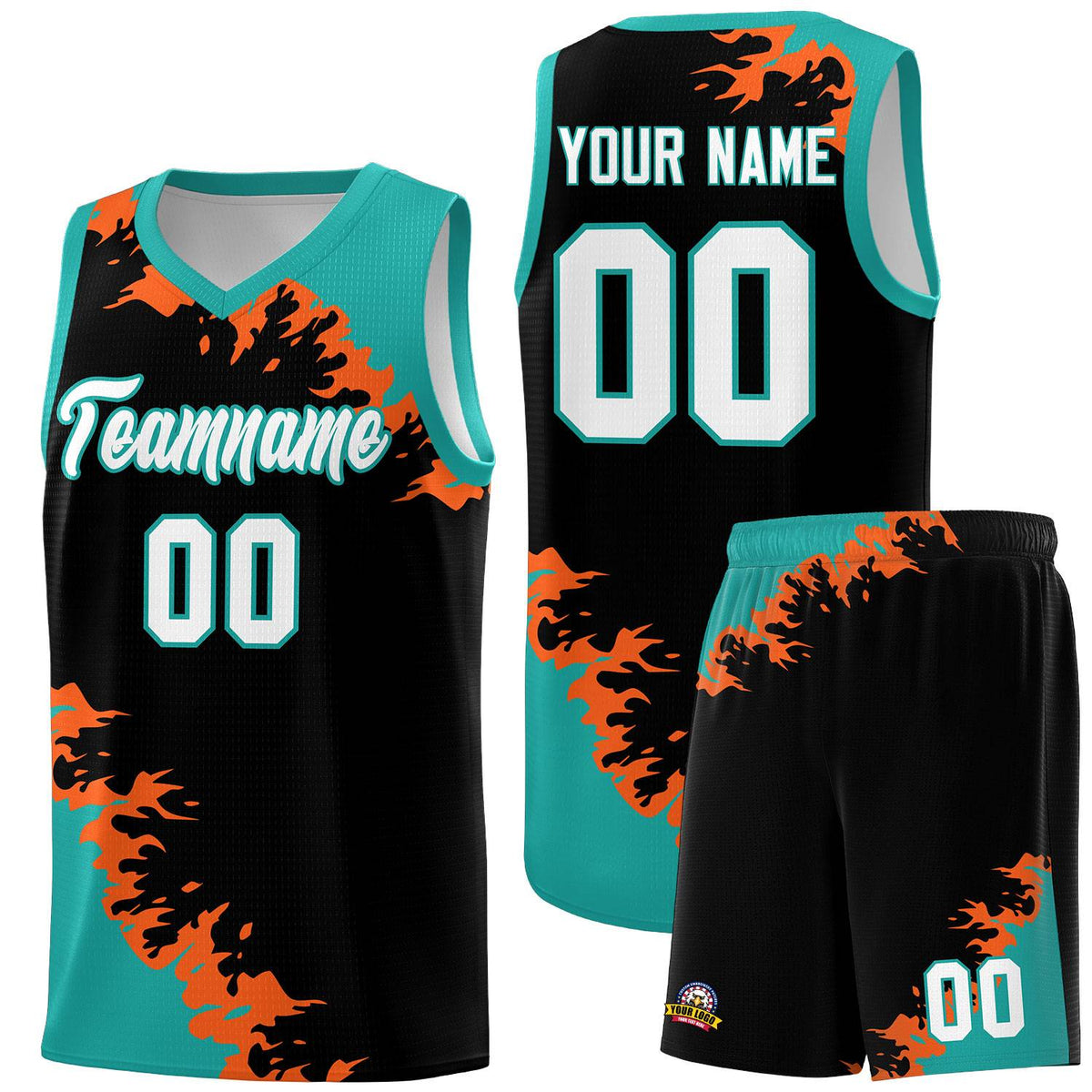 Custom Black Aqua-Orange Sparkle Print Pattern Basketball Kits