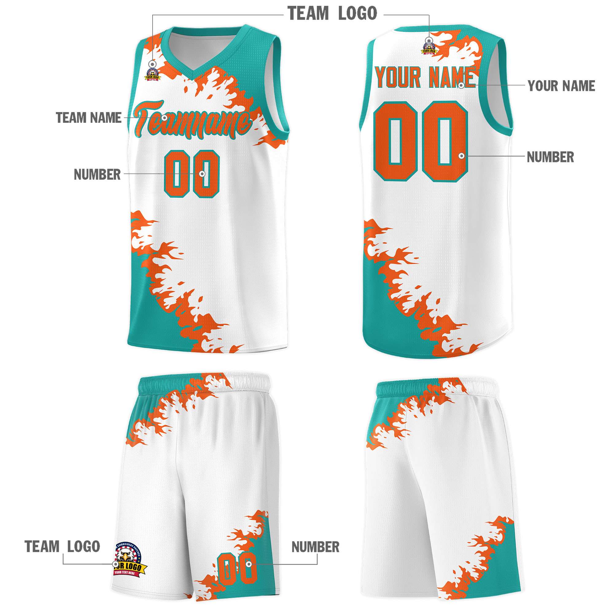 Custom White Aqua-Orange Sparkle Print Pattern Basketball Kits