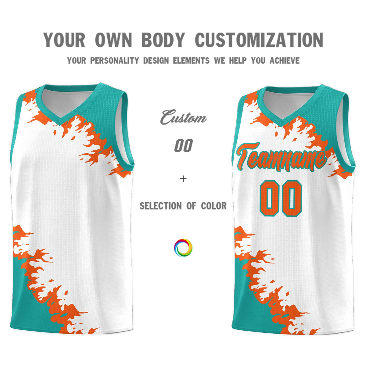 Custom White Aqua-Orange Sparkle Print Pattern Basketball Kits