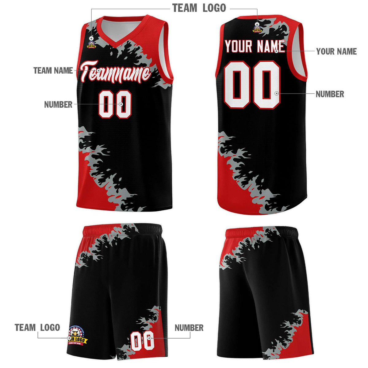 Custom Black Red-Silver Gray Sparkle Print Pattern Basketball Kits
