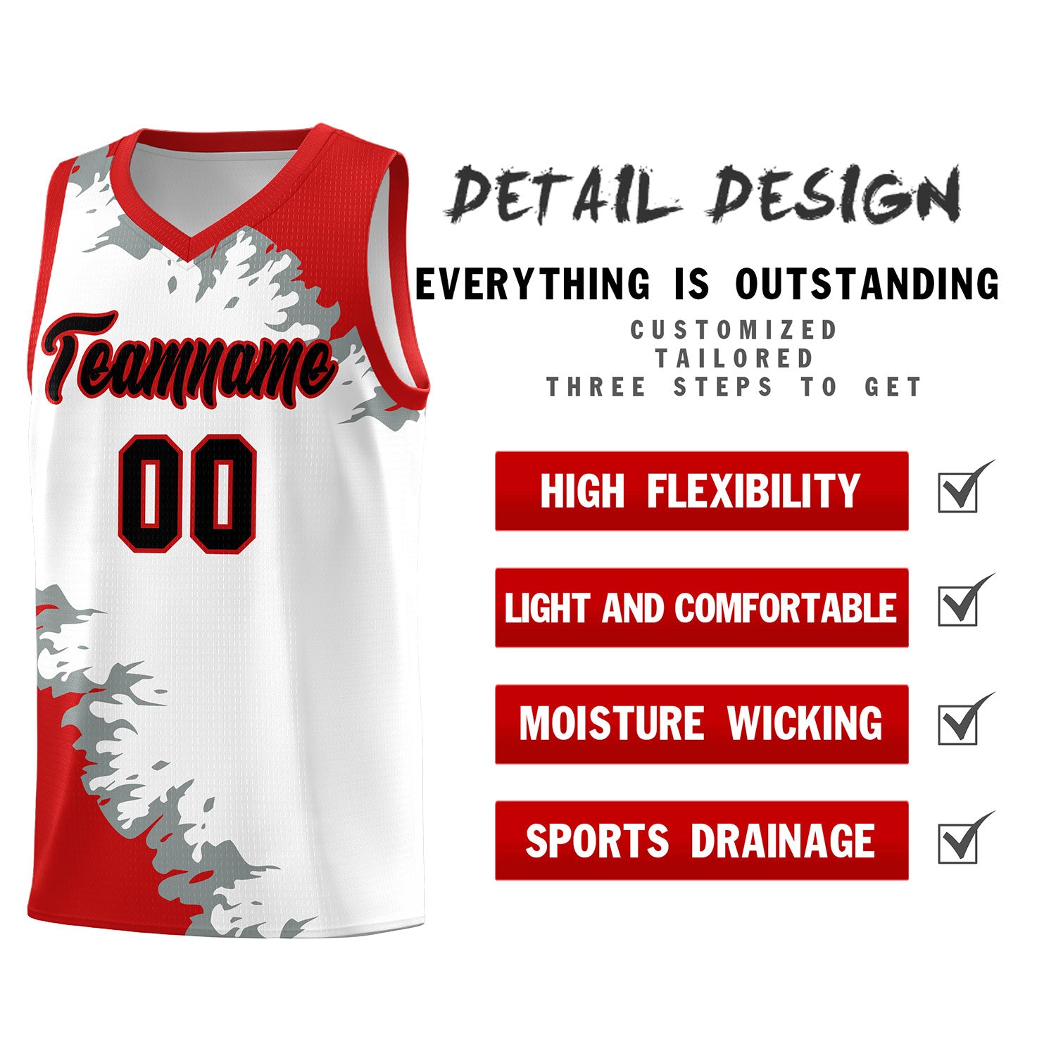 Custom White Red-Silver Gray Sparkle Print Pattern Basketball Kits