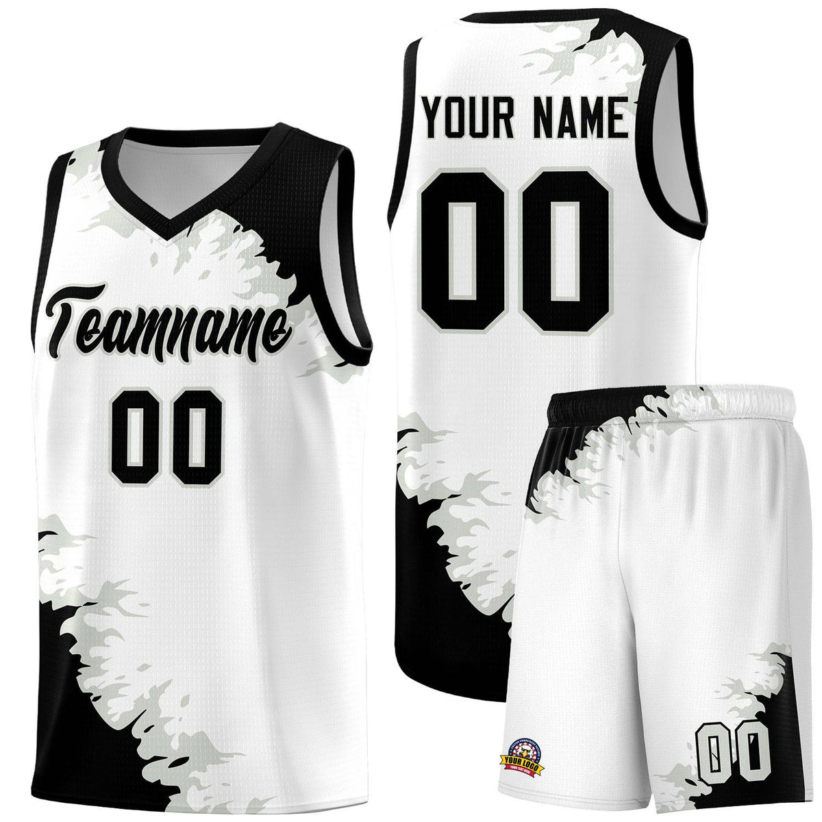 Custom White Black-Gray Sparkle Print Pattern Basketball Kits