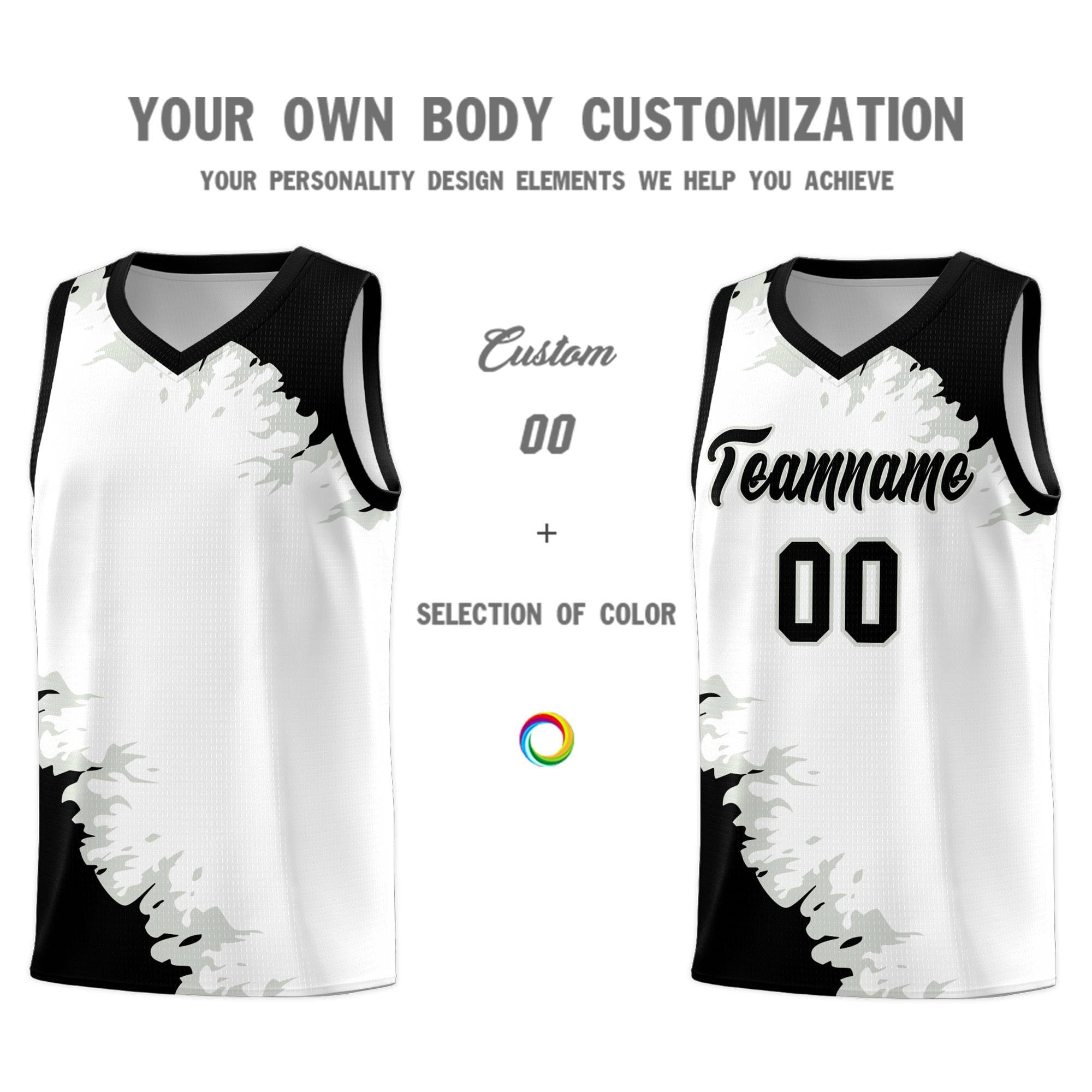 Custom White Black-Gray Sparkle Print Pattern Basketball Kits