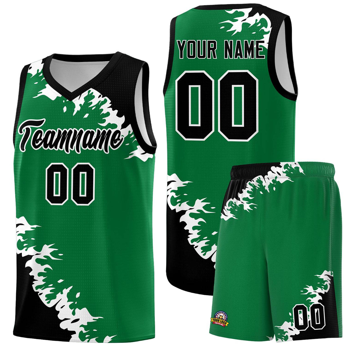Custom Kelly Green Black-White Sparkle Print Pattern Basketball Kits