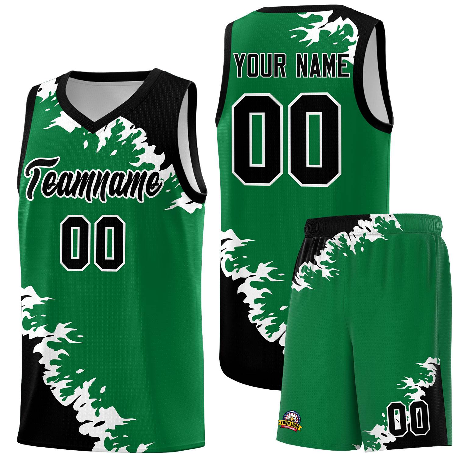 Custom Kelly Green Black-White Sparkle Print Pattern Basketball Kits