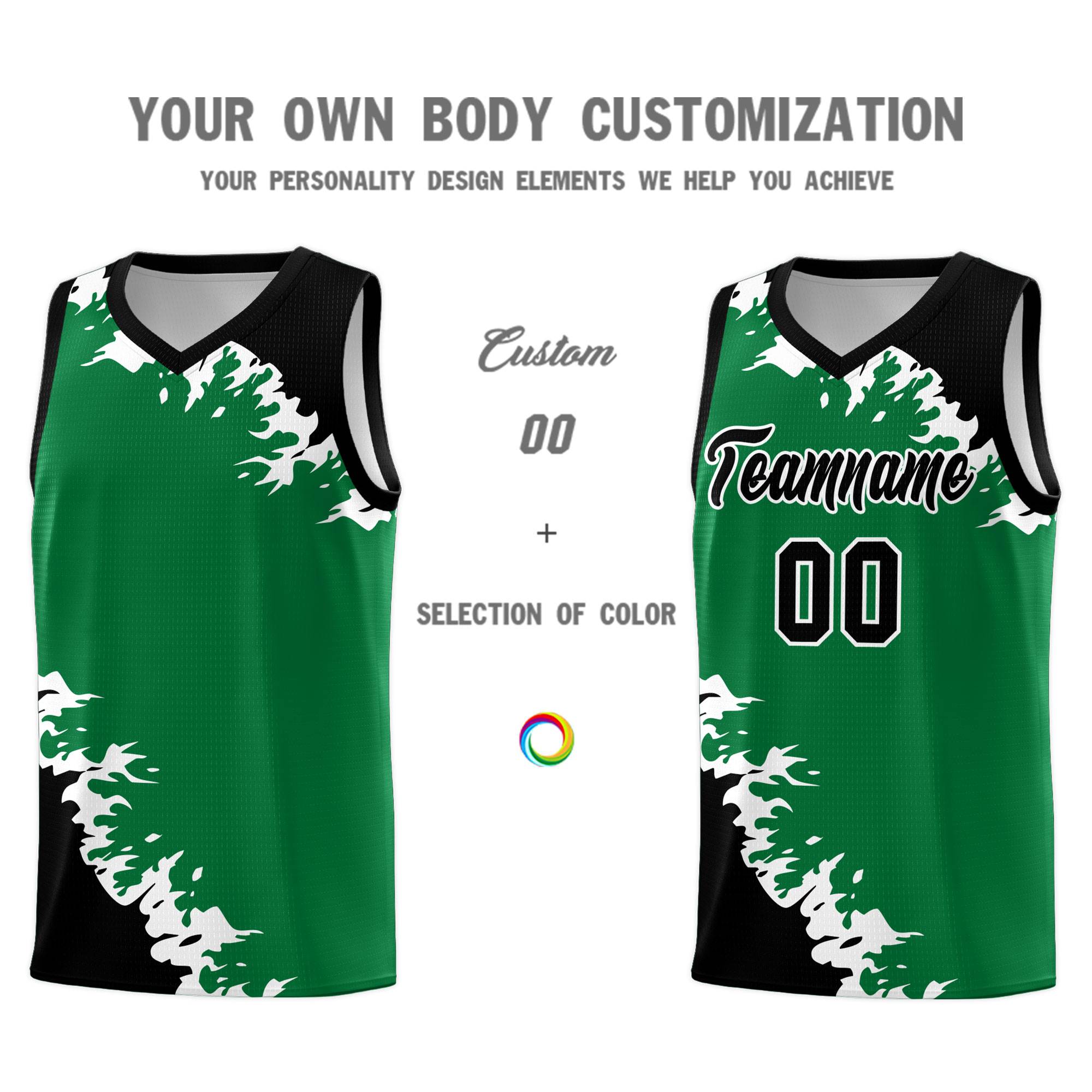 Custom Kelly Green Black-White Sparkle Print Pattern Basketball Kits