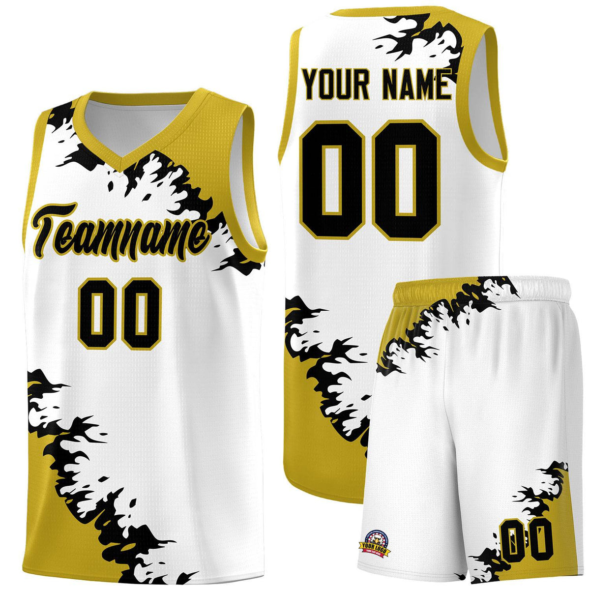Custom White Old Gold-Black Sparkle Print Pattern Basketball Kits