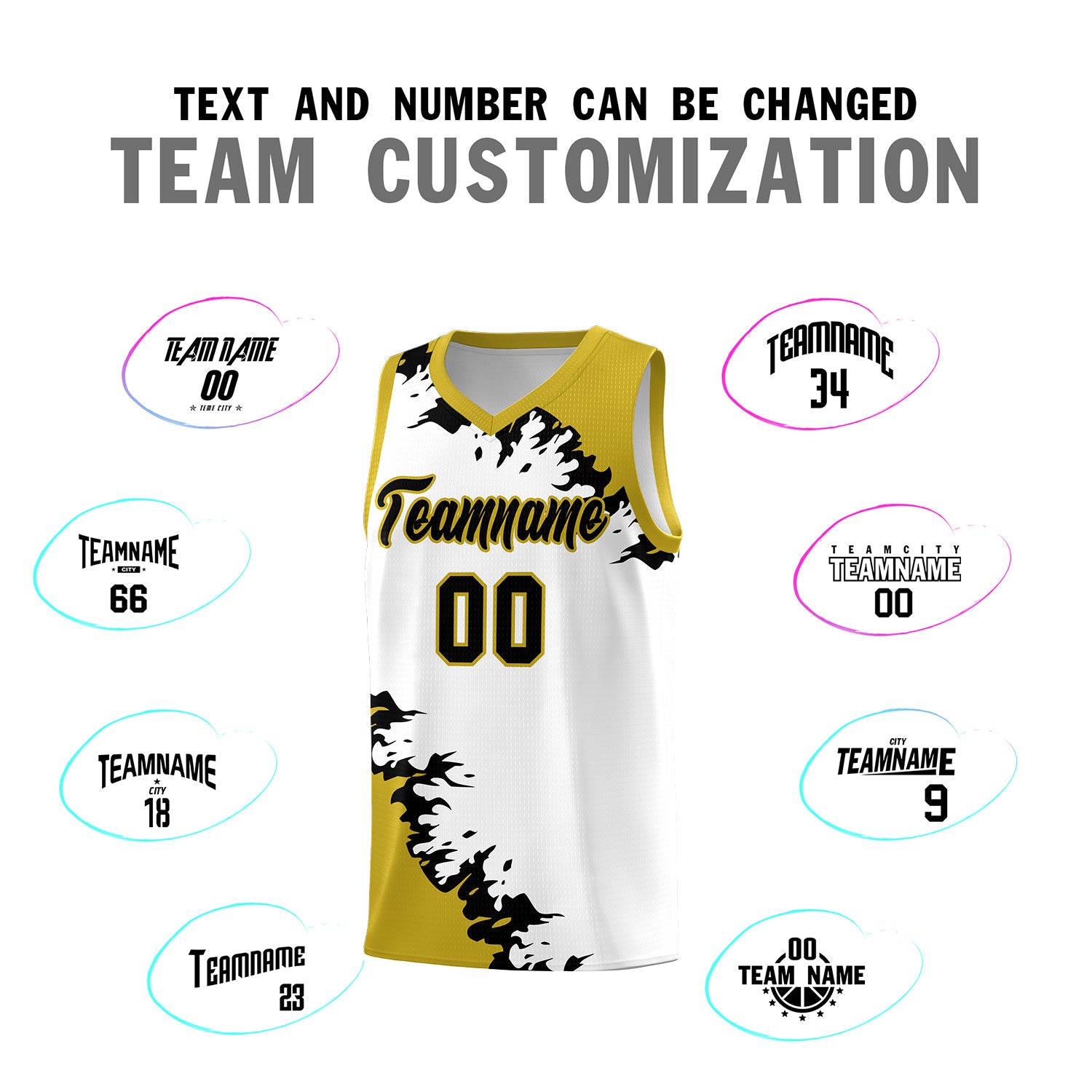 Custom White Old Gold-Black Sparkle Print Pattern Basketball Kits